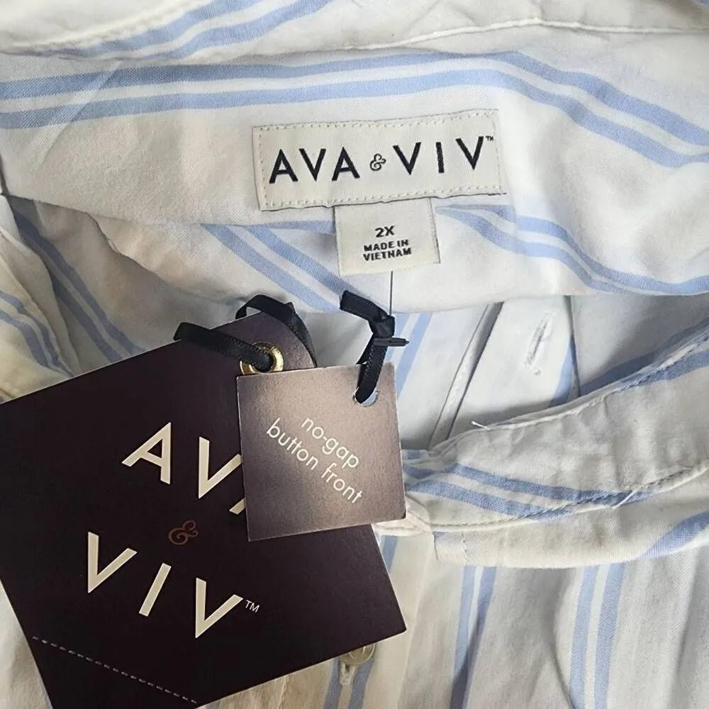 NWT Ava & Viv White & Blue Striped No-Gap Button Front Short Sleeve Top (2X) - Image 7
