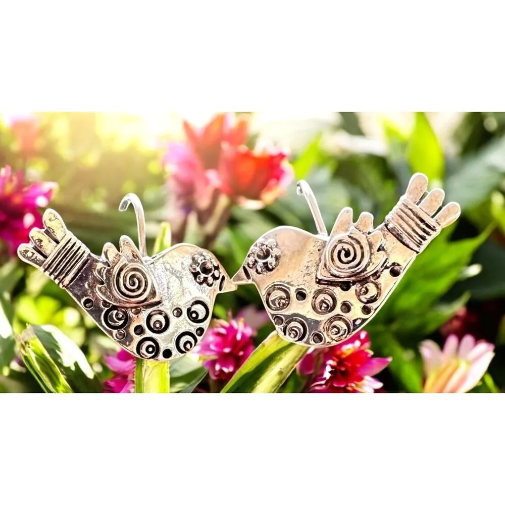 Folk Art Dove Earrings Silver Color Bird New Hammered Helping Hand Heart… - Image 9