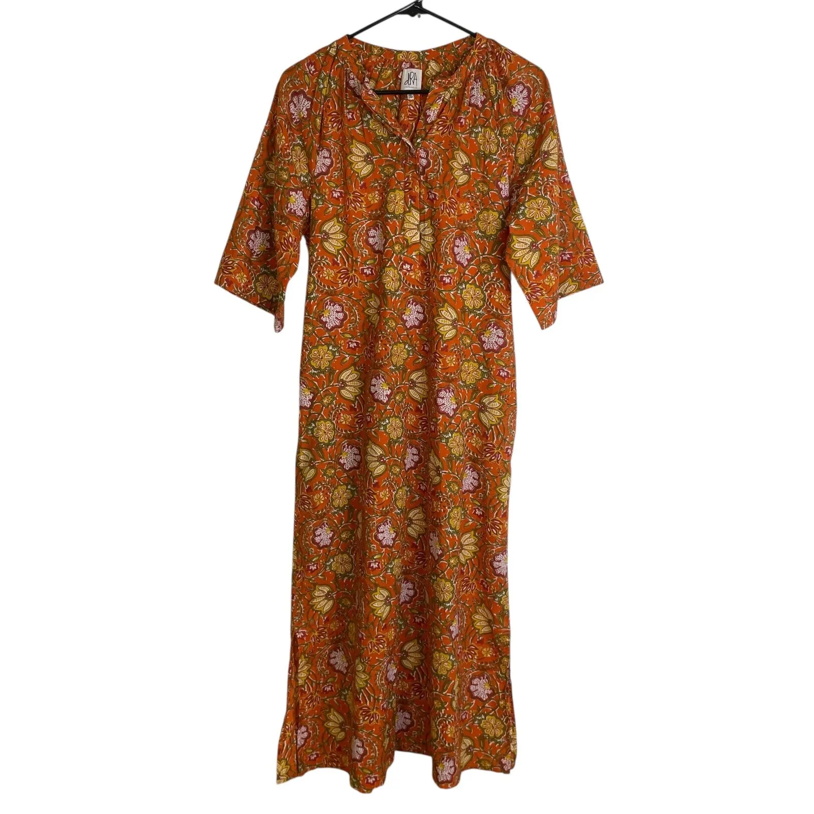 dRa Los Angeles Floral Dress Womens Small Orange 3/4 Sleeve Button Boho Cotton - Image 3