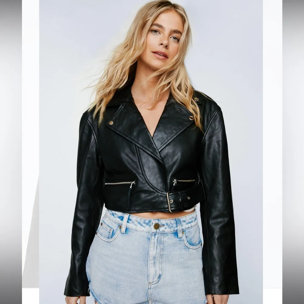 Cropped Real Leather Belt Detail Moto Jacket - Image 2
