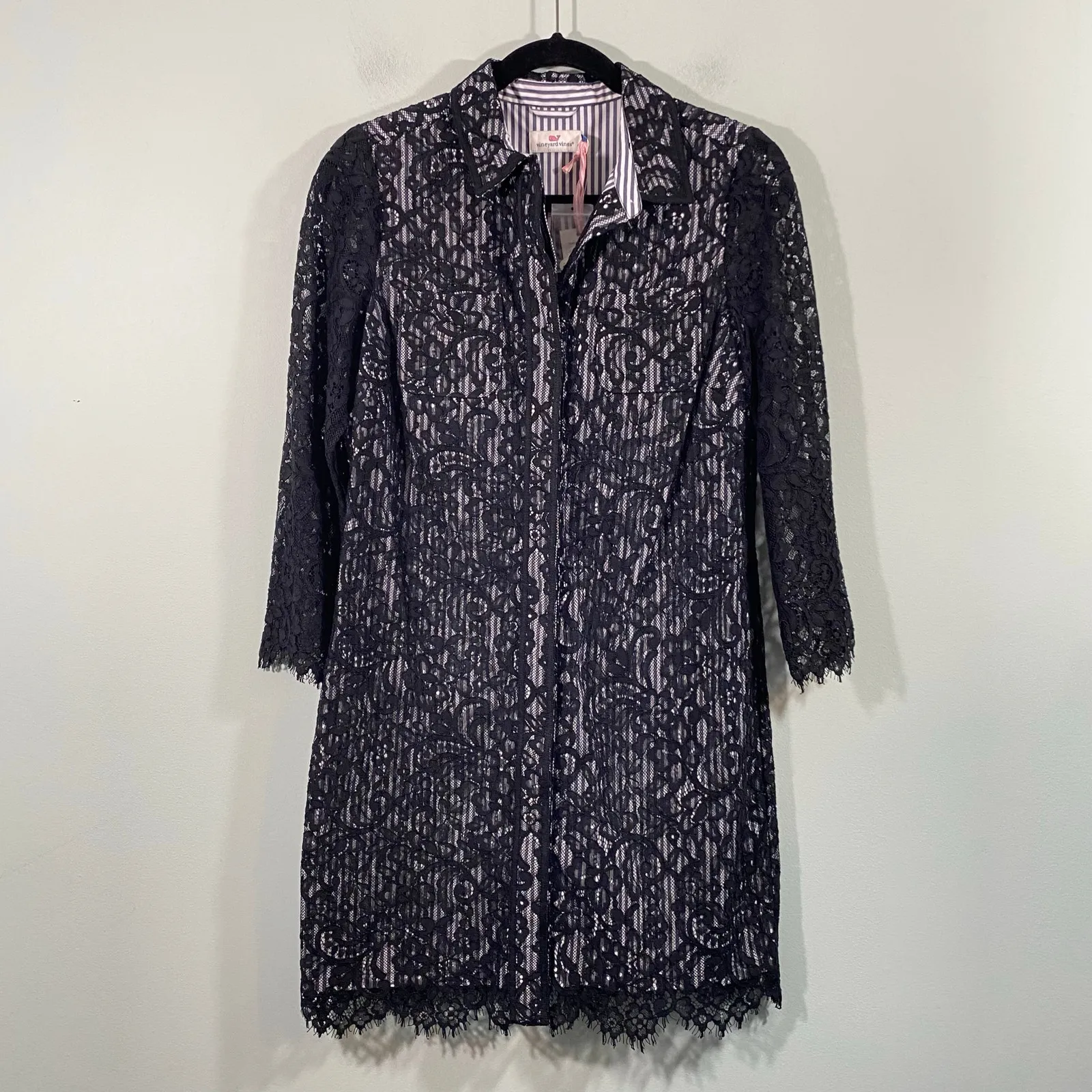 Vineyard Vines Women Black Lace Hadley Button Up Striped Shirt Dress Size 4 NWT - Image 2