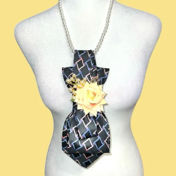 “Dainty Dapper”classic tie Necklace with Yellow Rose Pendant - Image 2
