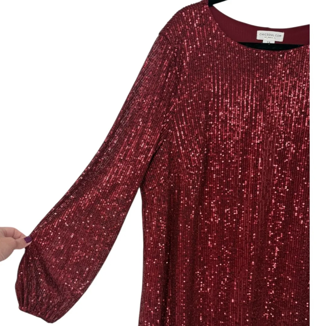 Chic Soul Red Sequin Long Sleeve Party Cocktail Shift Dress Plus Size 1X Holiday - Image 9