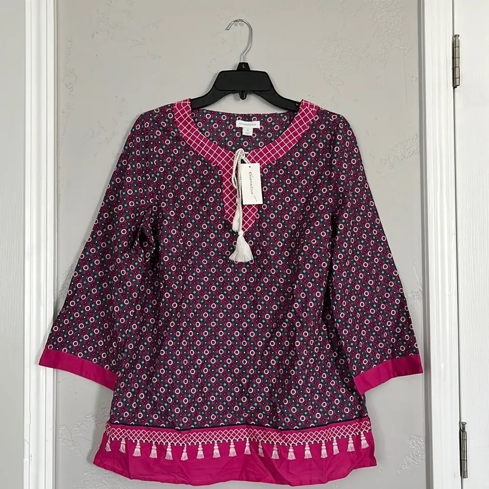 NEW CHARTER CLUB WOMEN'S BOHO SPLIT NECK TASSEL TUNIC TOP PINK SIZE MEDIUM - Image 2