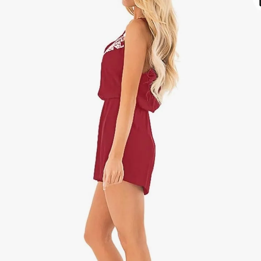 Woman’s Loose V Neck Spaghetti Strap Embroidered Short Rompers Jumpsuit Size L - Image 3