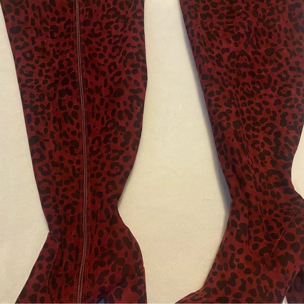 Torrid 11WW Burgundy Red Animal Print Leopard Over The Knee Faux Suede Boots - Image 3