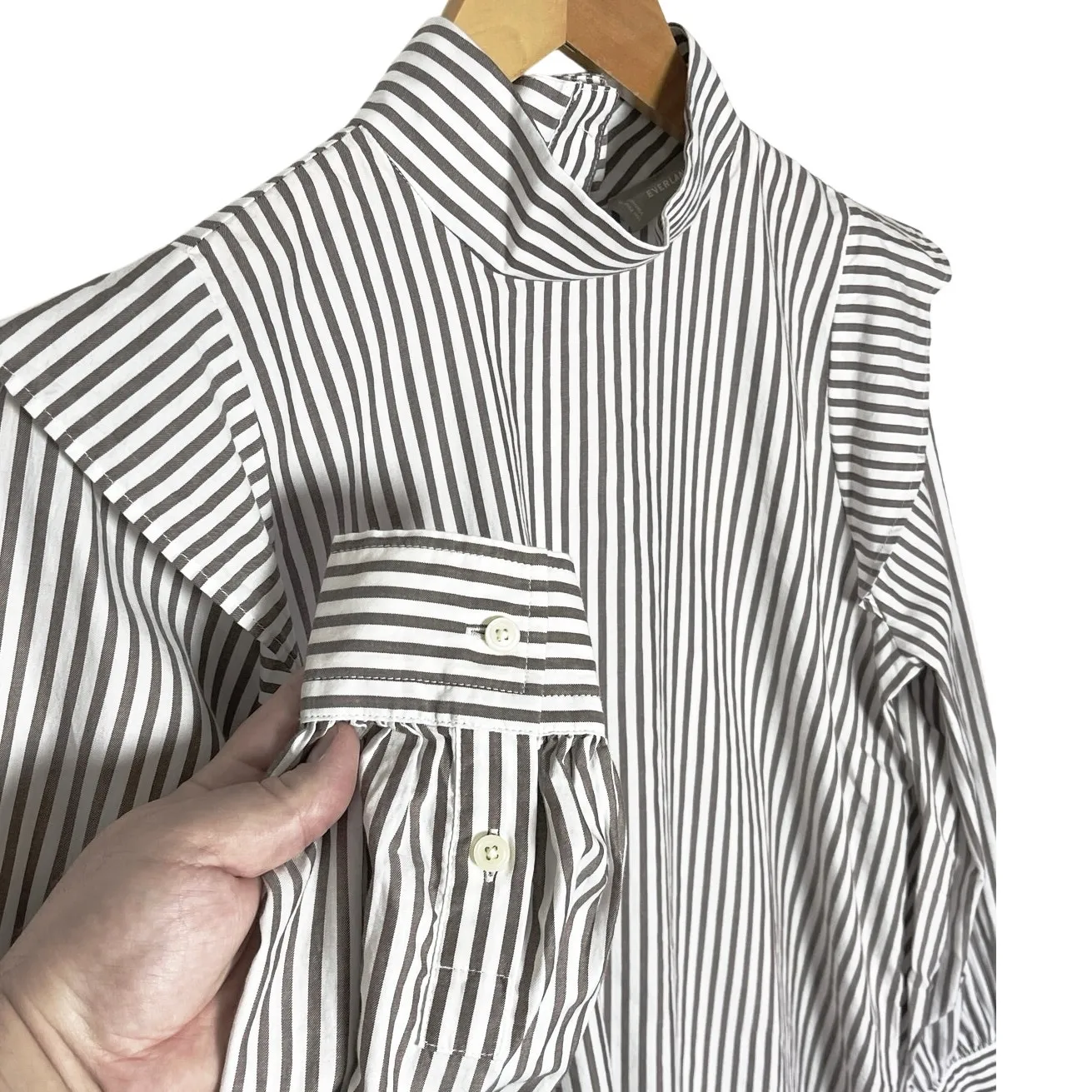 NWT EVERLANE Striped Wing Shoulder Bishop Sleeve Stand Collar Top - Image 5