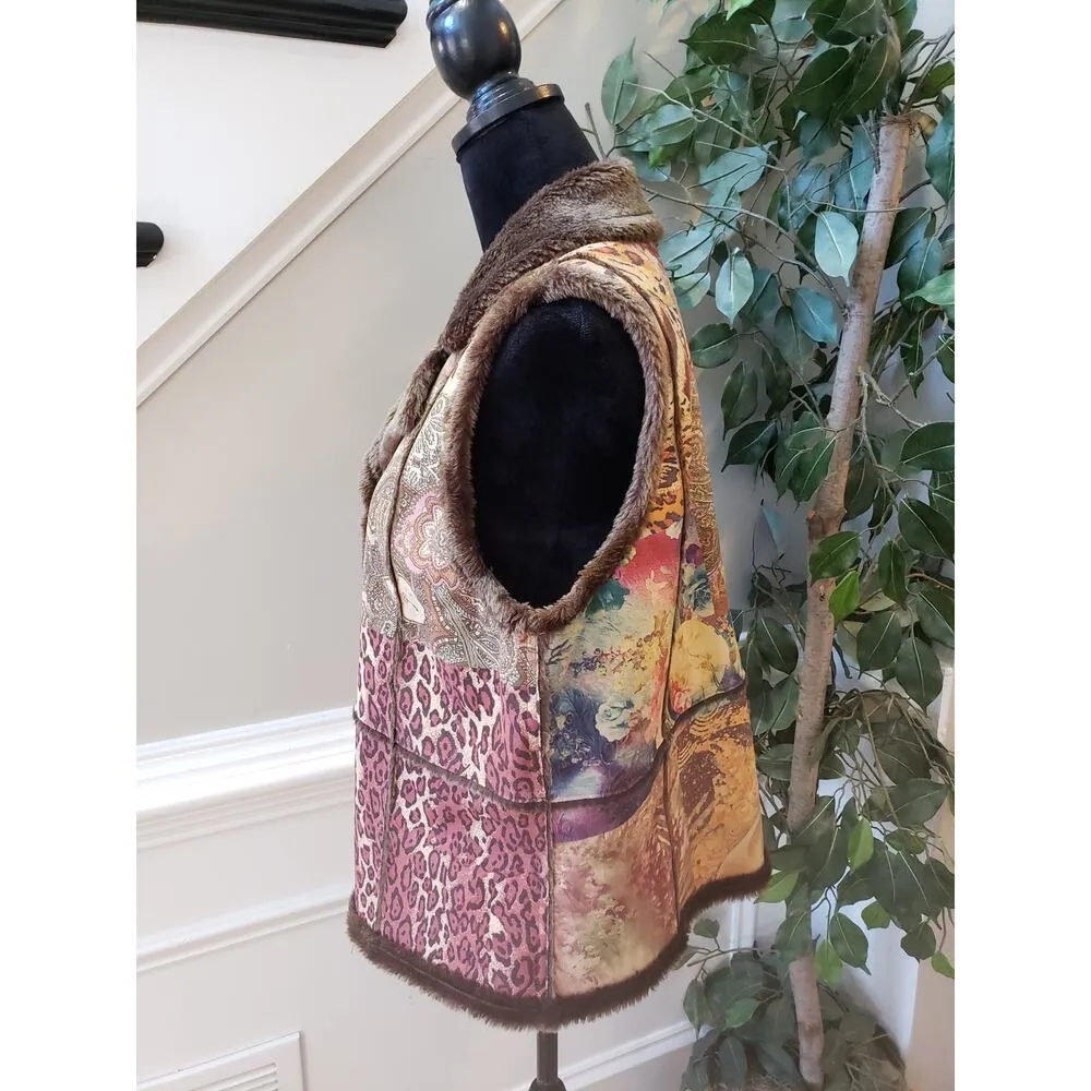 Weavz Faux Suede Vest Women's Medium Multi Geo Print Faux Fur Lined Button Front Brown - Image 11