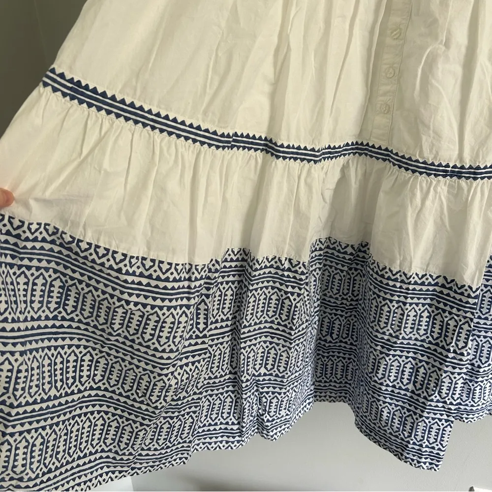 Oliphant Midi Tiered Button Dress with Bow Sleeves Blue and White Pattern - Image 6