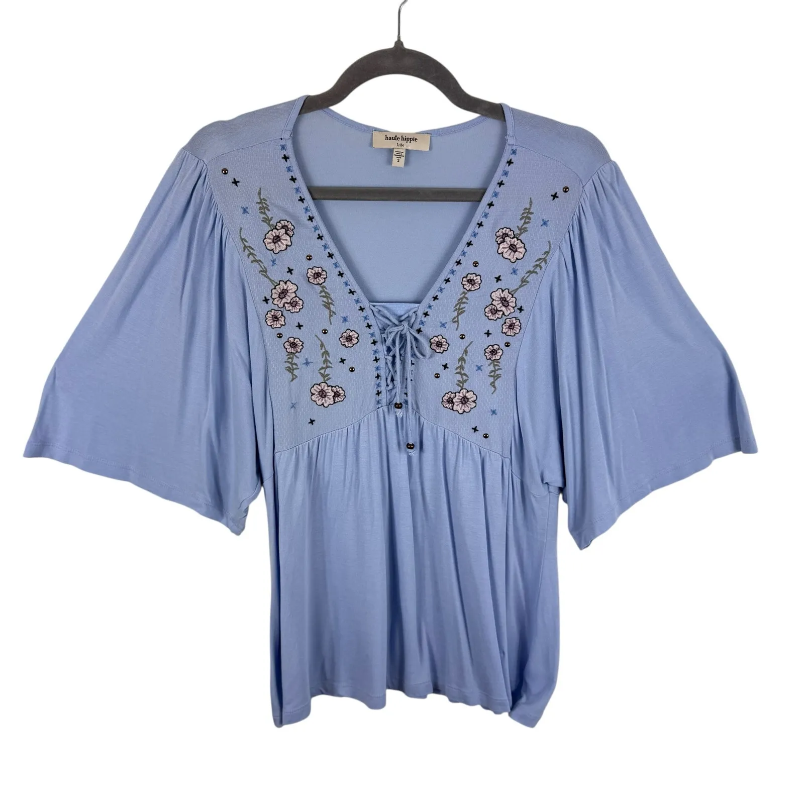 Haute Hippie Tribe Blue Viscose Floral Embroidered Short Sleeve Blouse Size‎ S - Image 2