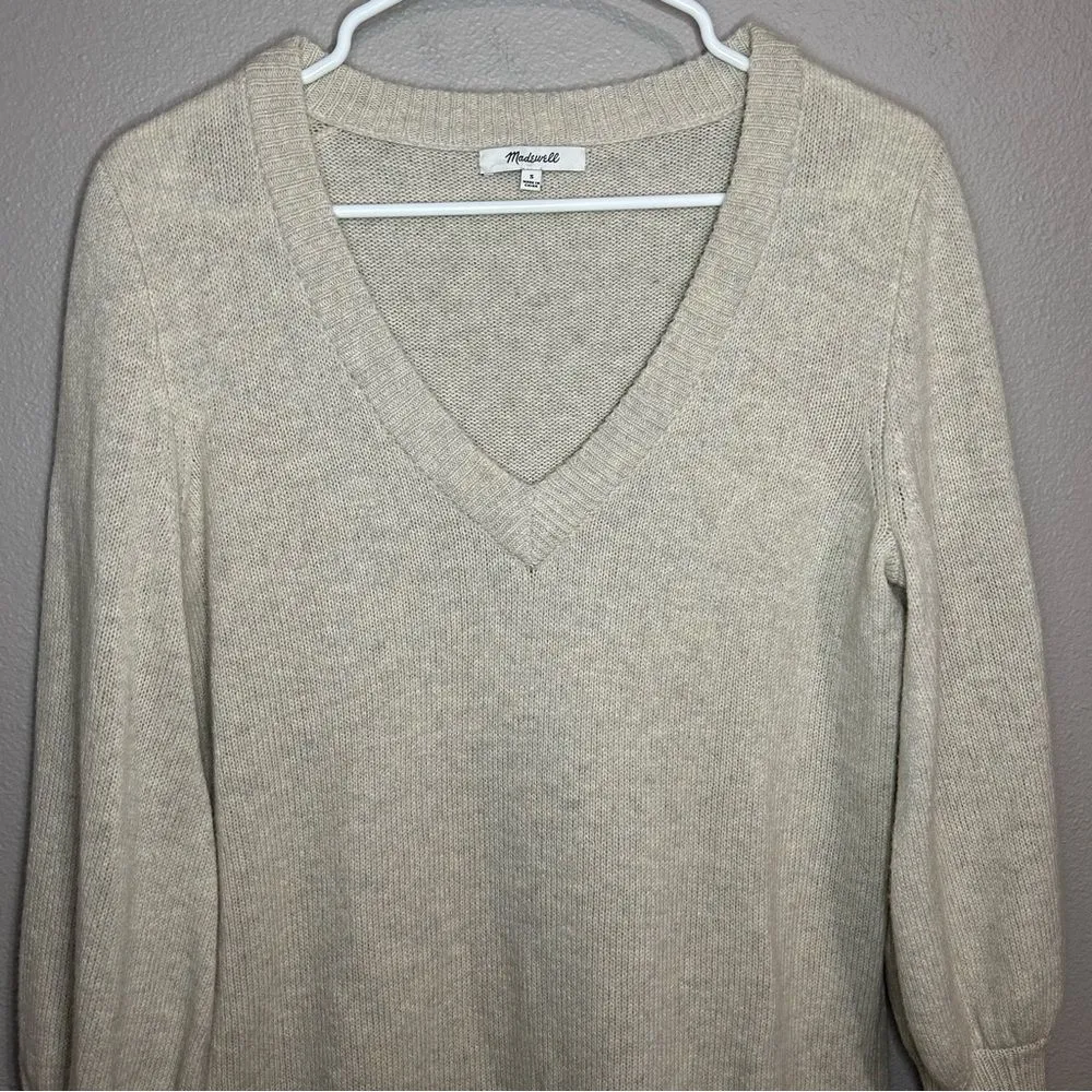 Madewell Neutral Wool Blend Bubble Sleeve V Neck Knit Sweater Dress size Small - Image 4