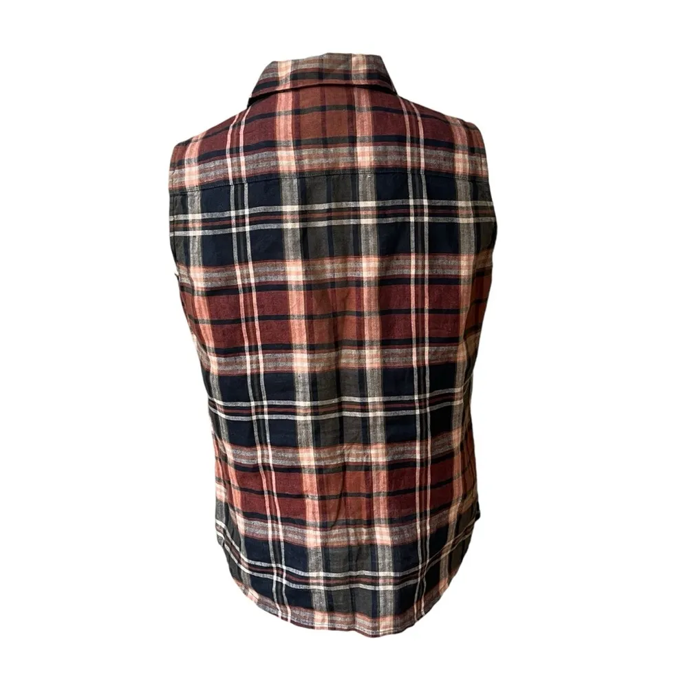 90's Lauren Ralph Lauren Sleeveless Linen Button Down Plaid Blouse Black - Image 2