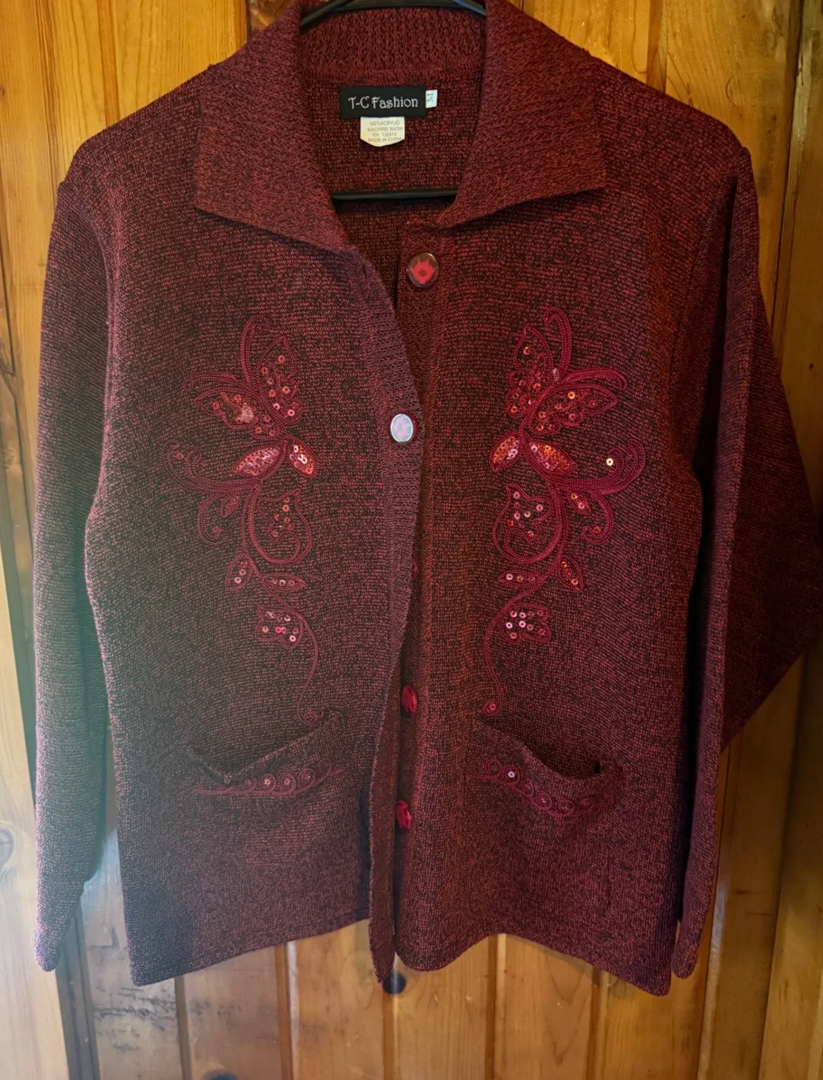 T C Fashion Red Knit Cardigan Sequined Embellished Button Down Pockets Size M Size M - Image 1