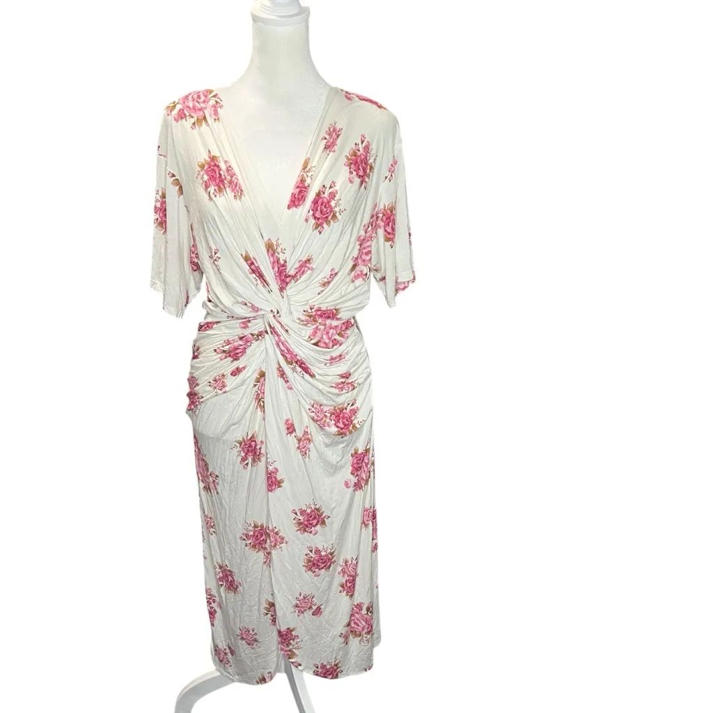 Les Rêveries Twist Front Drape Floral Midi Dress Celebrity Worn M White Size M - Image 3