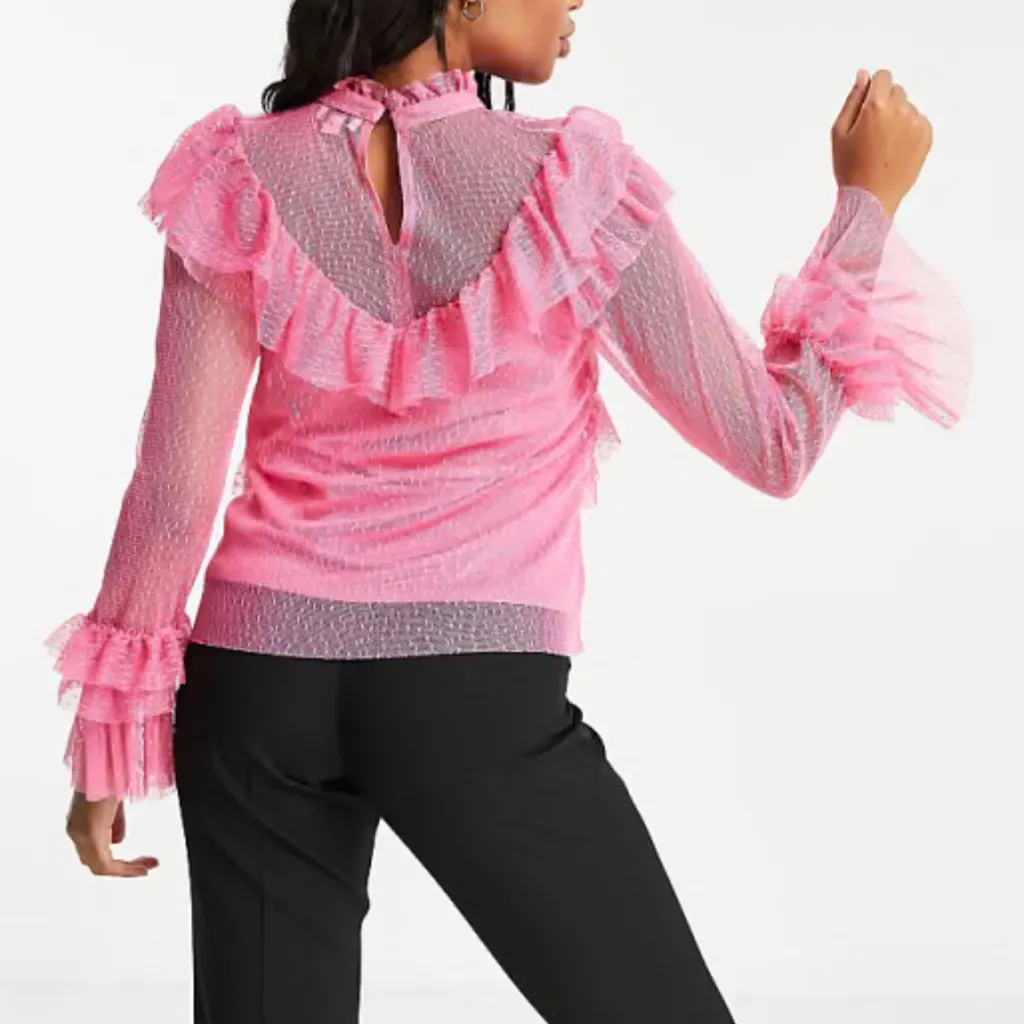 River Island Pink Lace Ruffle Longsleeve‎ Top Size 10 Gender Reveal Polka Dot - Image 9