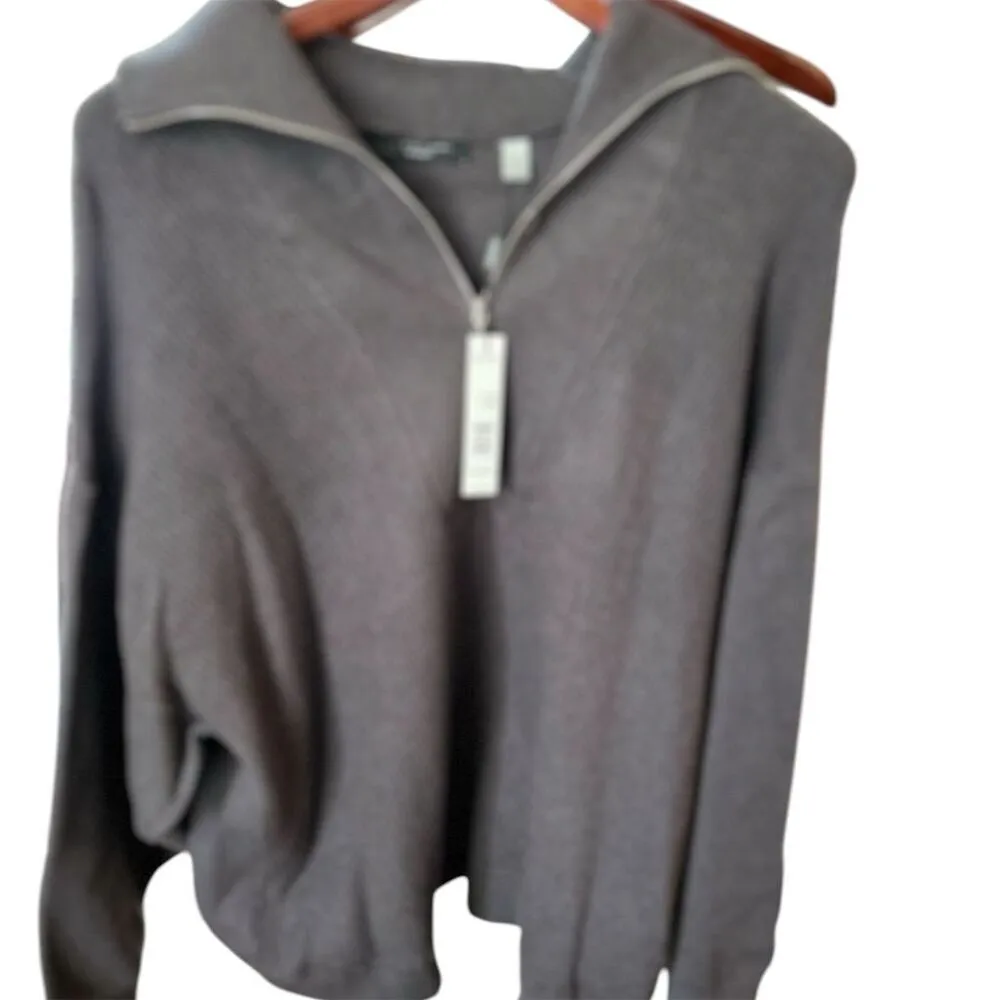 Tahari Women's Gray Half-Zip Ribbed Sweater Size M Casual Chic - Image 4