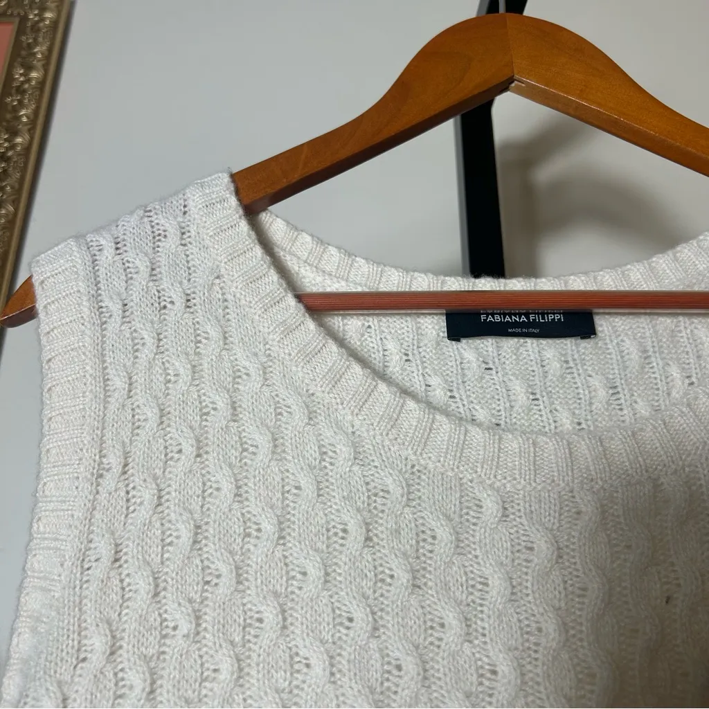 Fabiana Filippi Italy Cashmere Cable Knit Sweater Vest Quiet Luxury Cream Size 4 White - Image 2