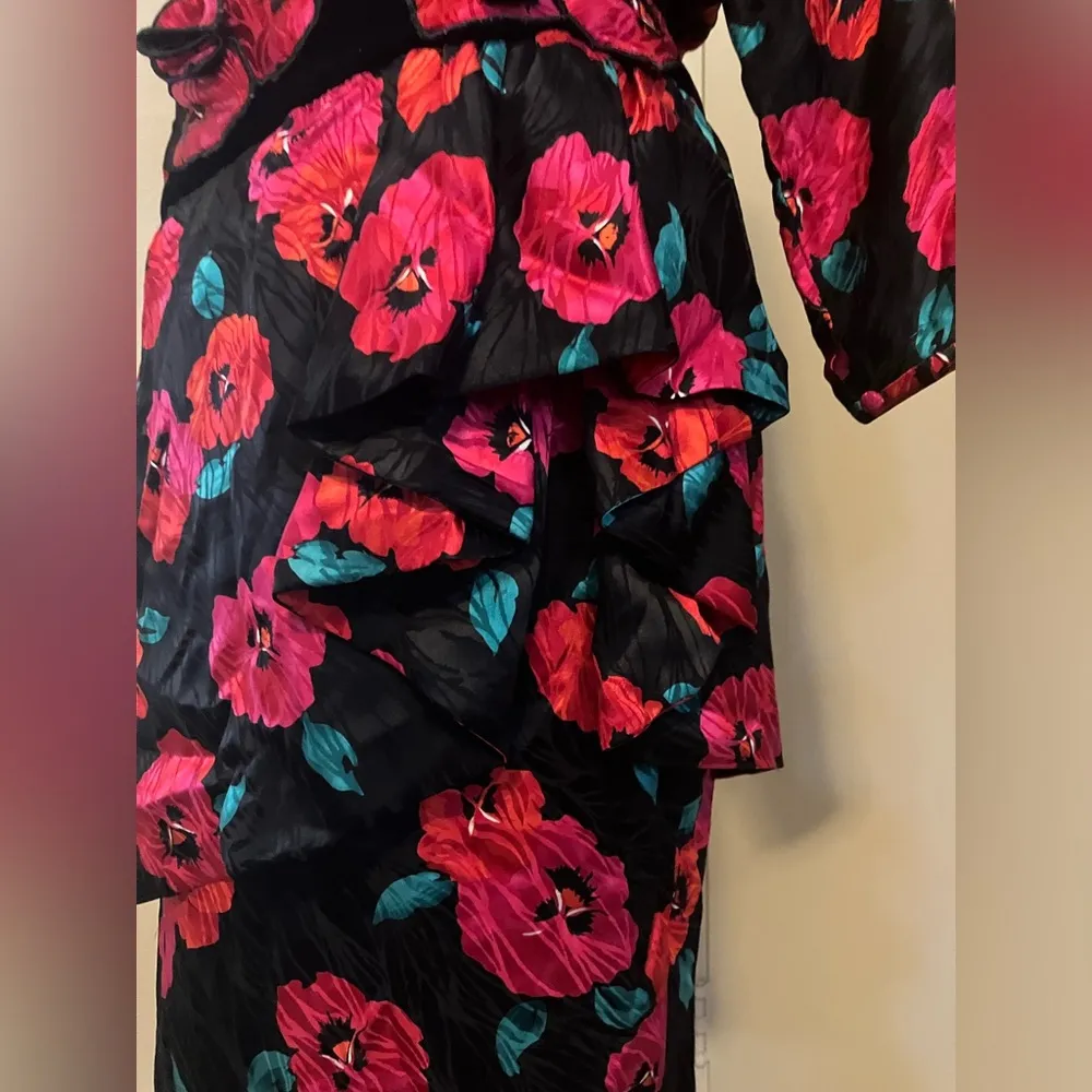 VTG A.J. BARI SILK Black Floral Puffy Sleeve Party Prom Formal Dress sz 12 80s Red - Image 8