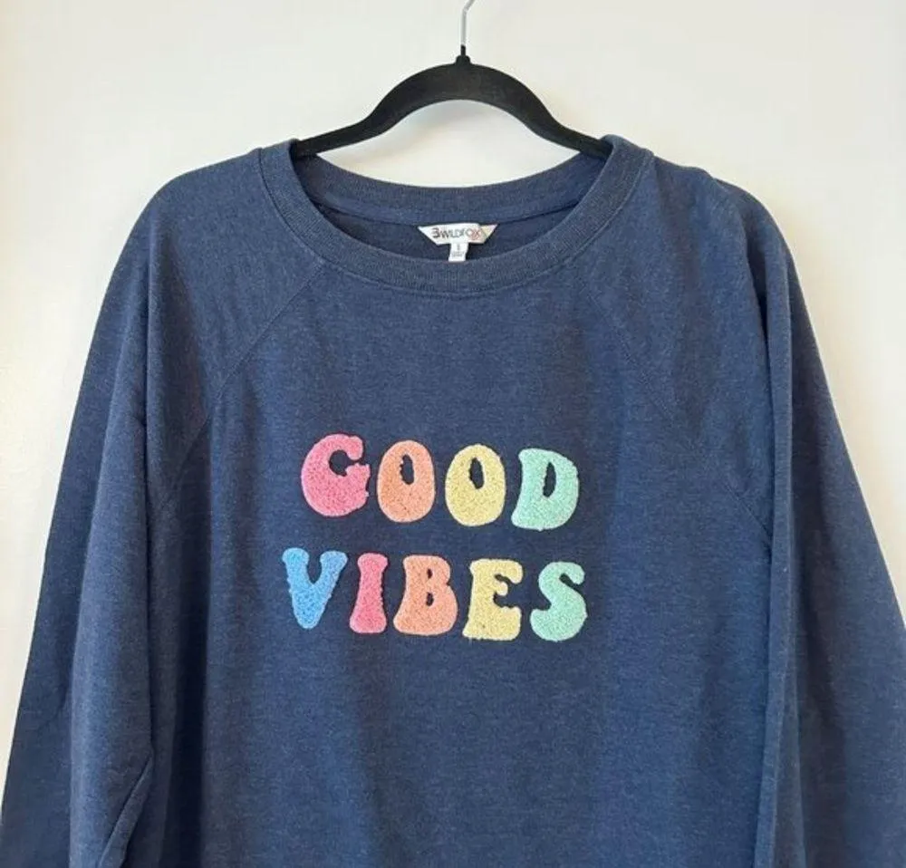 Wildfox Good Vibes Oversized Pullover Sweatshirt Navy Size S LIKE NEW - Image 3
