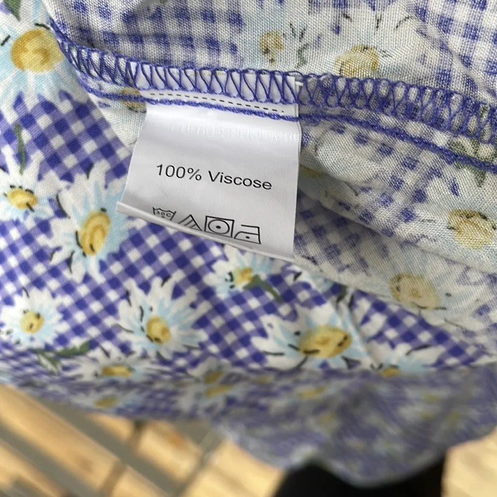 Cottage Daisy Plaid Smocked Bodice Square Neckline Midi Length Viscose Dress SzM Blue Size M - Image 5