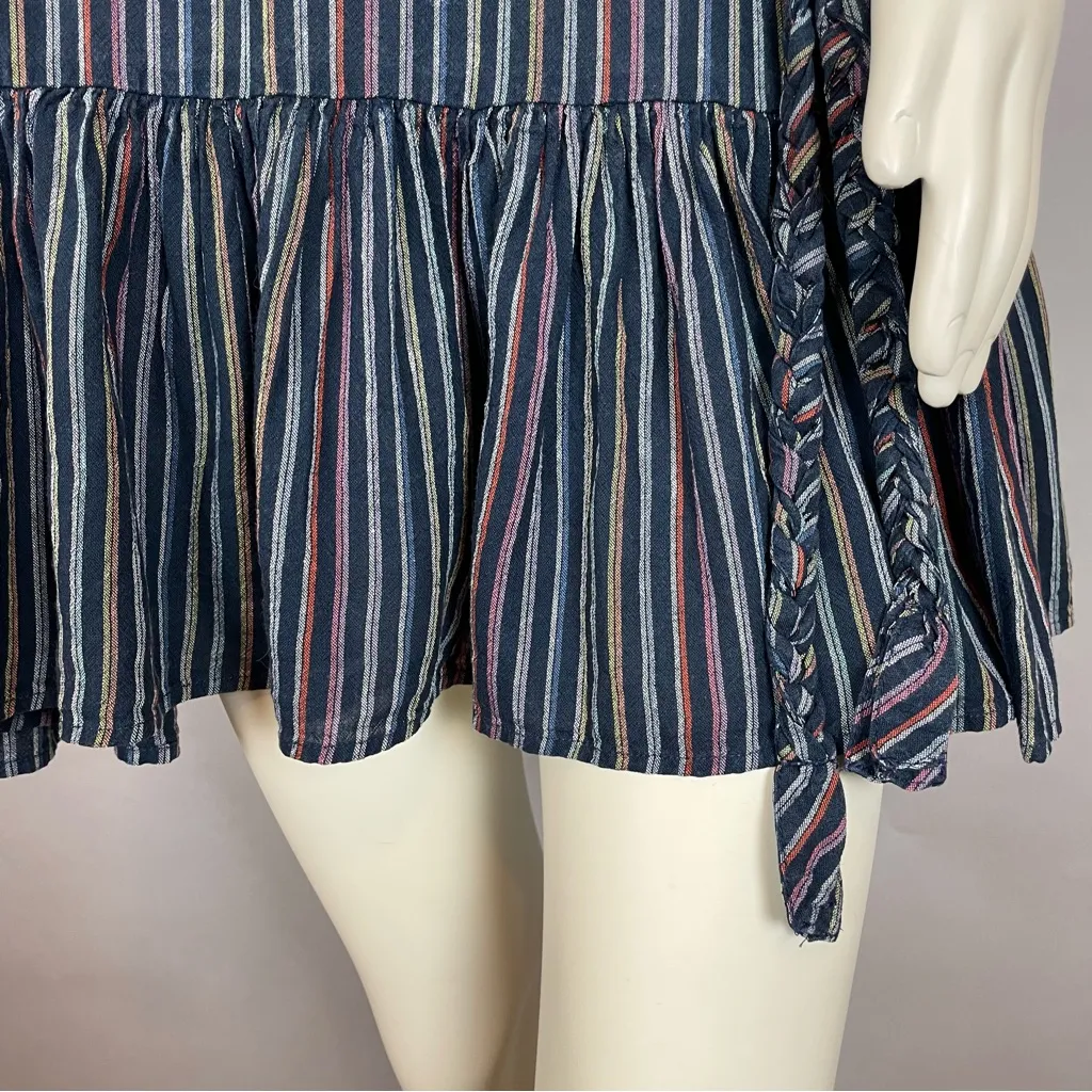 Marine Layer Dress Laney Linen Mini Navy Rainbow Stripe Size Small Braided Belt - Image 14