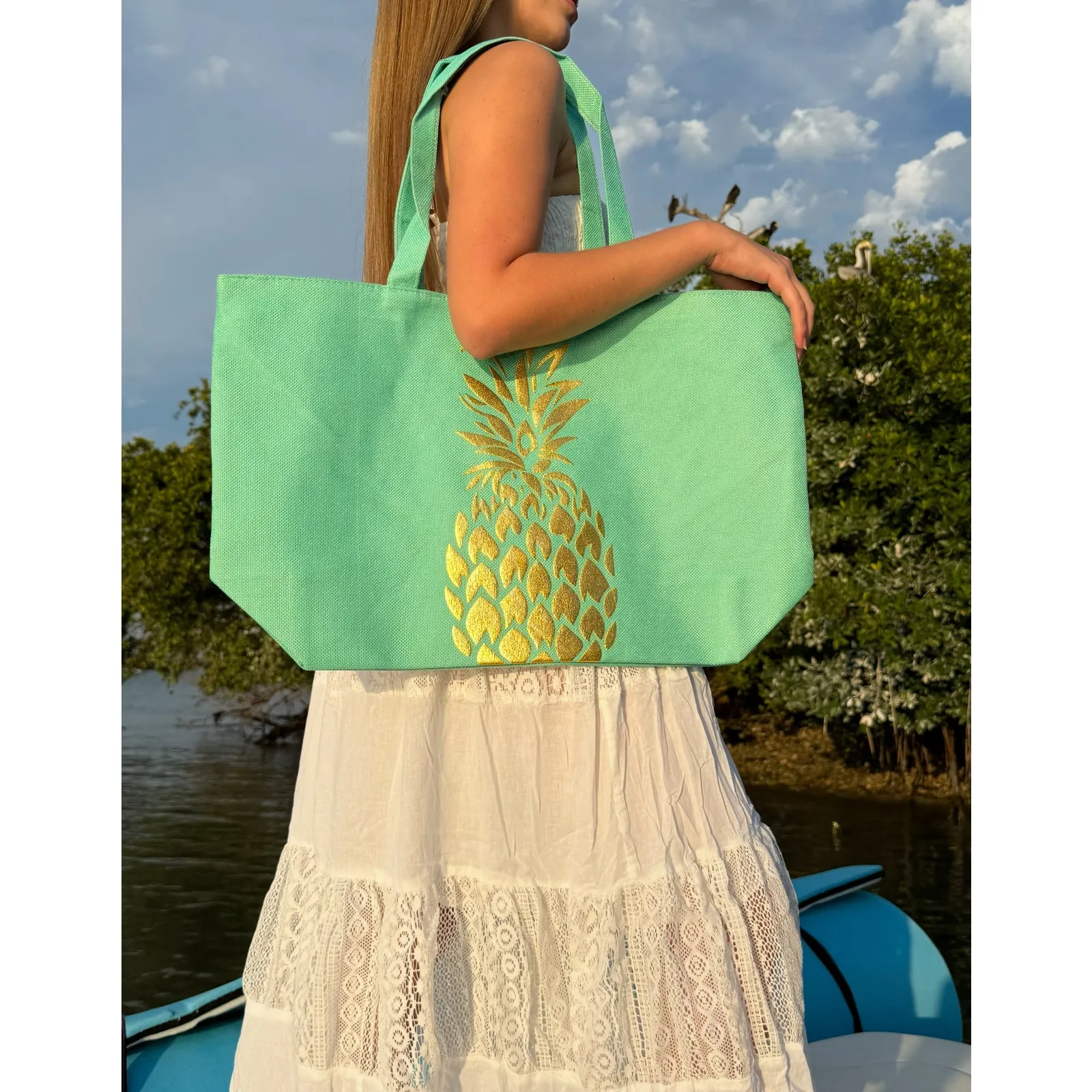 Beach Bag Tote, Pinneaple Beach Bags Pool Bag Shoulder Travel Tote Green - Image 3