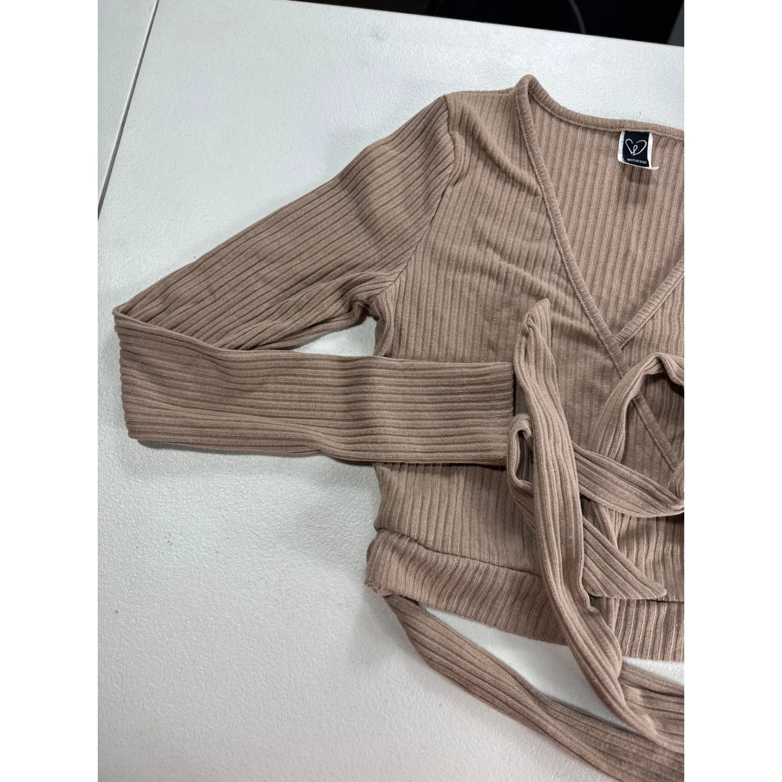 Windsor Wrap Top Ribbed Long Sleeve Tie Front Crop Top Beige Size M‎ - Image 6