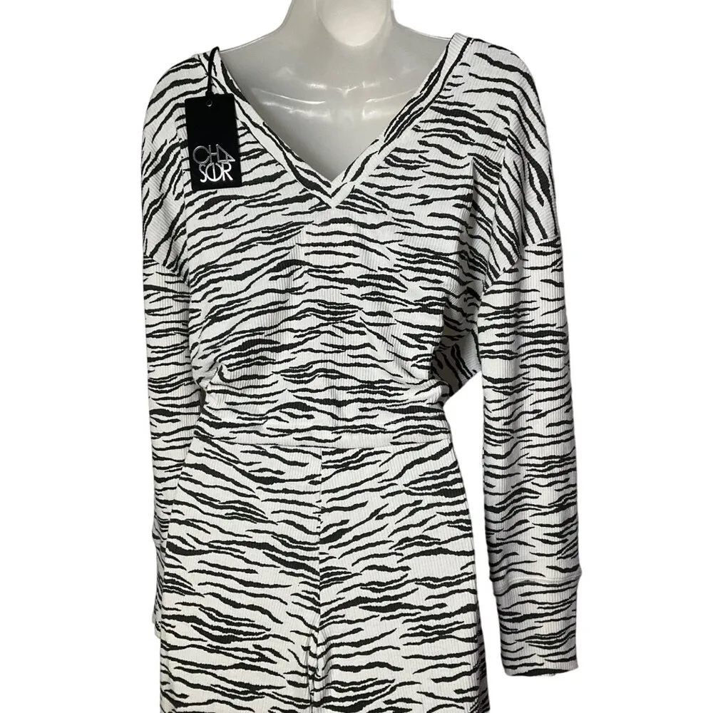 Chaser Women's Zebra Print Long Sleeve Jumpsuit S Ribbed Knit deep V loungewear - Image 7