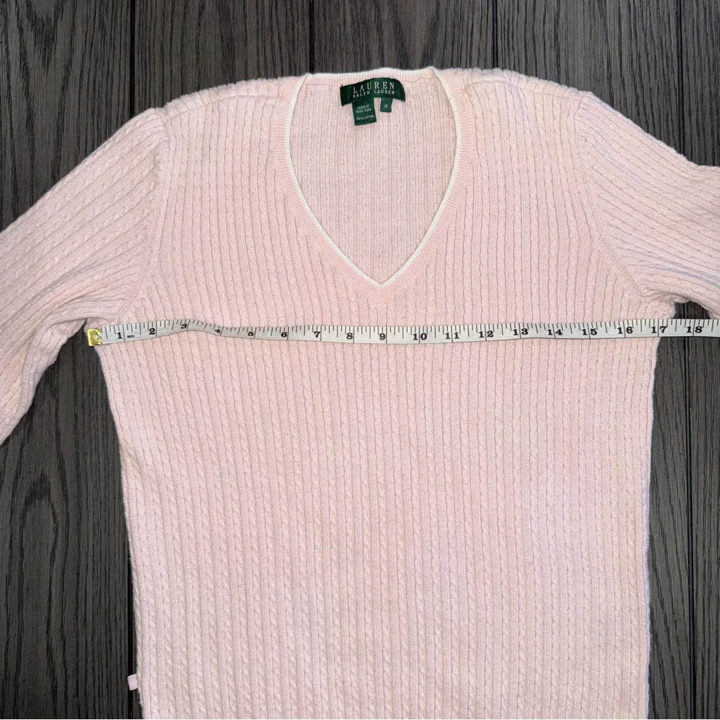 Lauren Ralph Lauren Vintage V Neck Sweater Pink Ribbed Knit Size M Preppy Y2K - Image 5