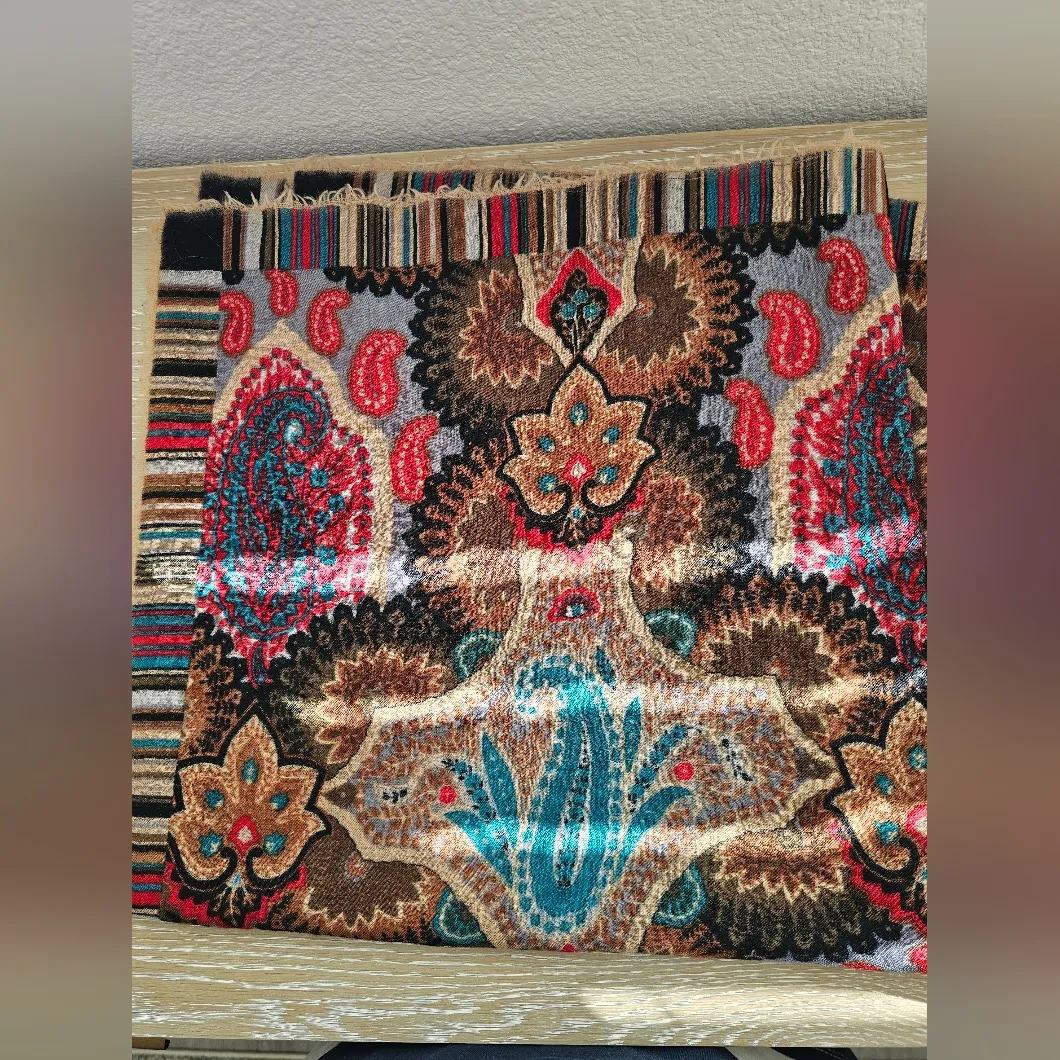 Brown Teal Red Paisley Wool Shawl with Fringe Square Neck Scarf - Image 3