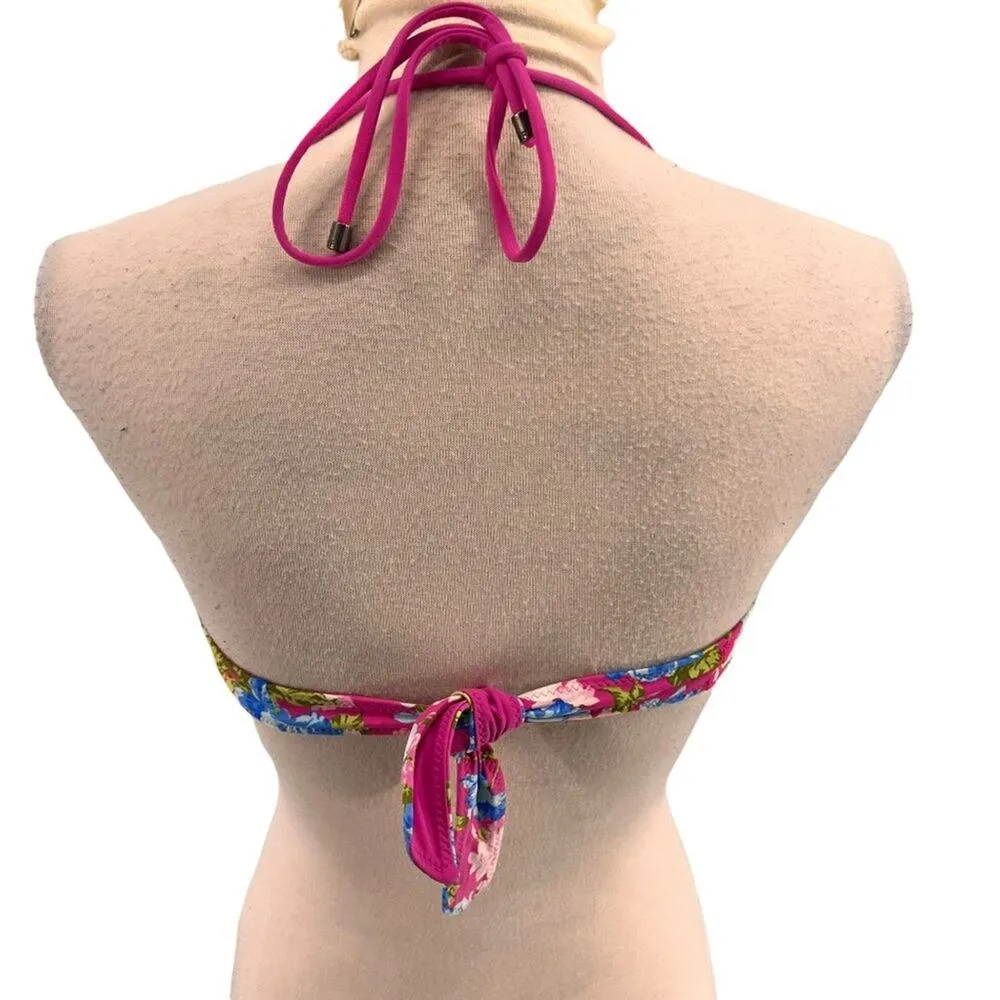 Abercrombie & Fitch Pink Blue Floral Twist Front Tie Halter Top Size Medium - Image 4