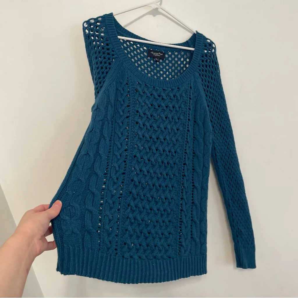 AMERICAN EAGLE AEO AE Teal Blue Open Weave Cable Knit Scoop Neck WOOL Sweater L - Image 7