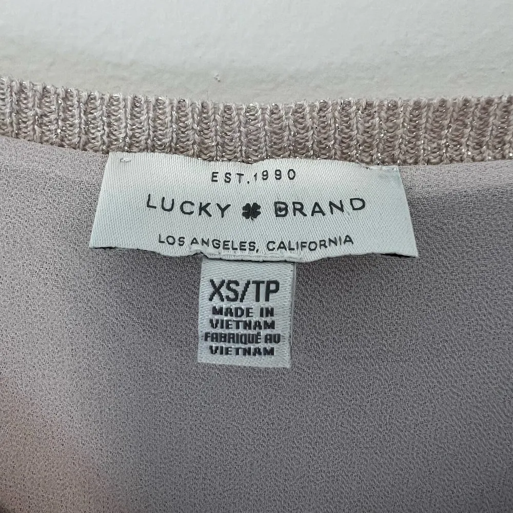 Lucky Brand Layered Linen Rayon Long Sleeve Knit Top Taupe Gold Shimmer XS - Image 8