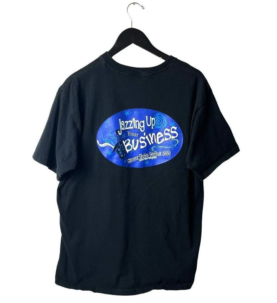 Vintage 90s Jazzing Up Your Business T Shirt Black XL Extra Large Saxophone Logo - Image 3