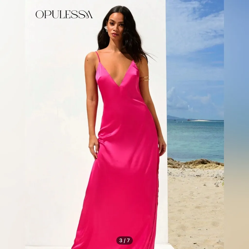 NWOT Opulessa Women HOT PINK Color Spaghetti Strap Simple Fitting Long Dress - Image 8