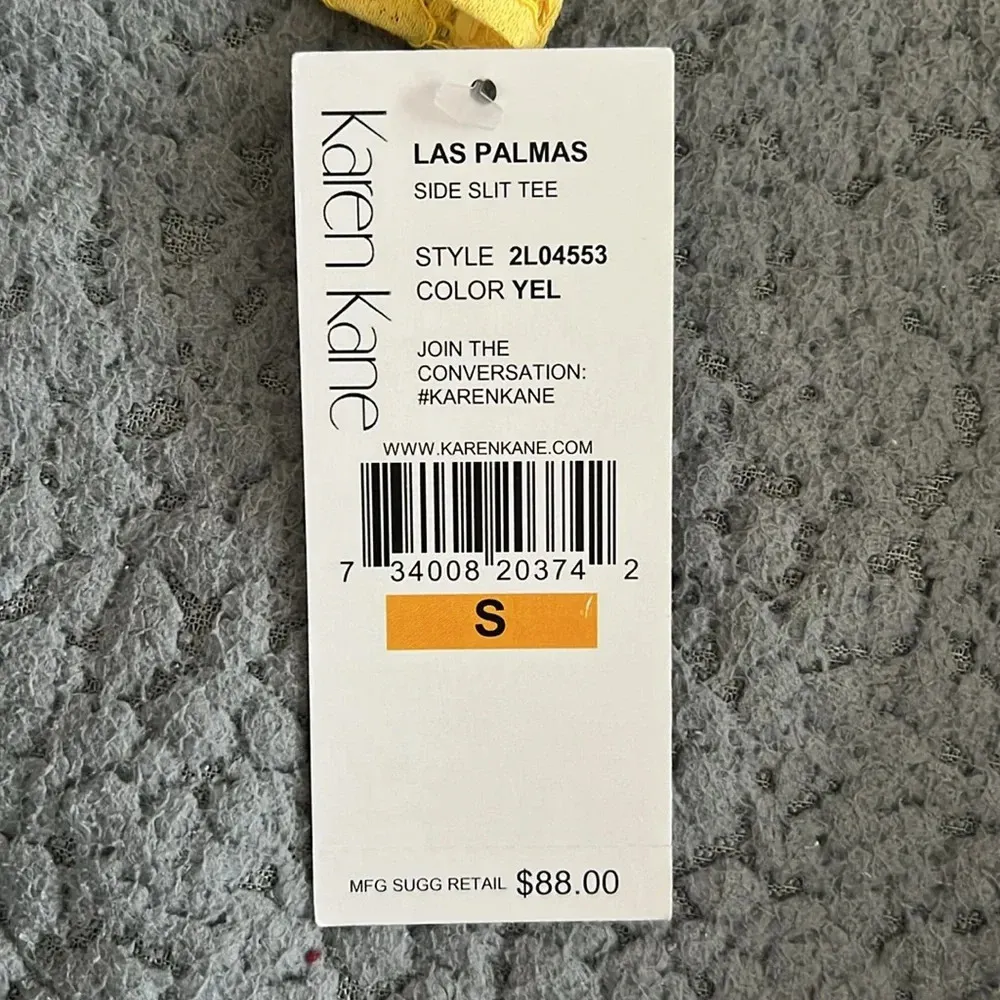 Women’s Karen Kane Las Palmas Yellow Lace Top Side Slit Tee size S NWT - Image 6