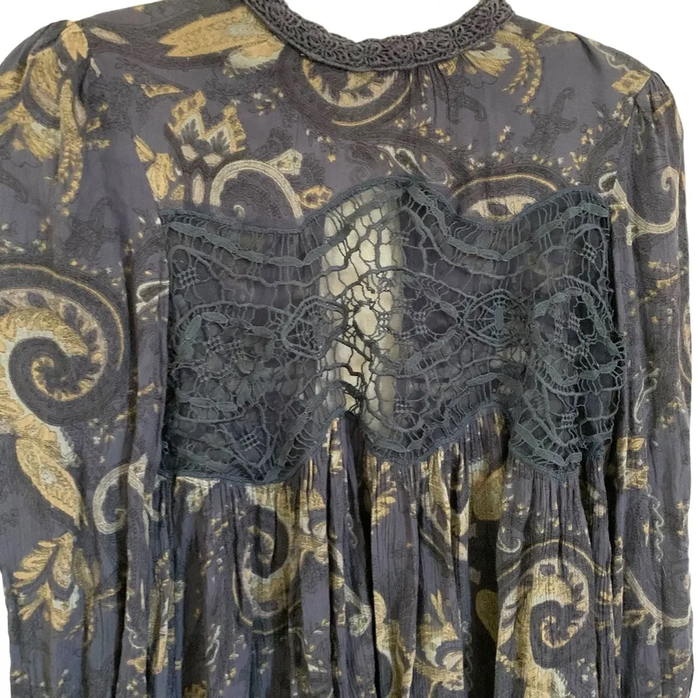 Free people sweet thing tunic blouse midnight combo navy mesh lace inset bell - Image 5