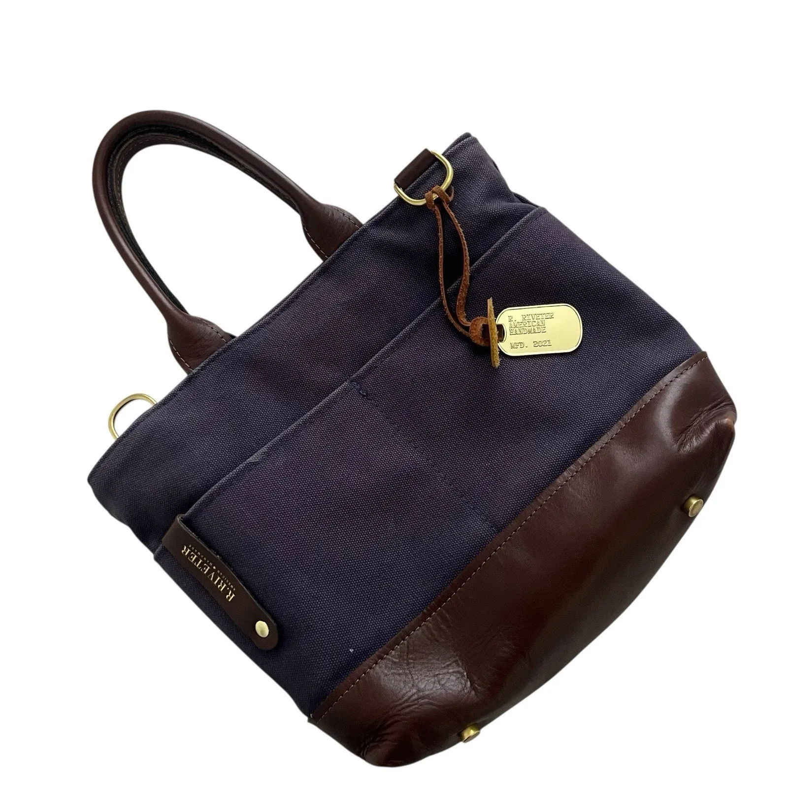 R.Riveter Carry All Canvas Blue Tote Brown Leather Boho Classic Sturdy Mini Bag - Image 2