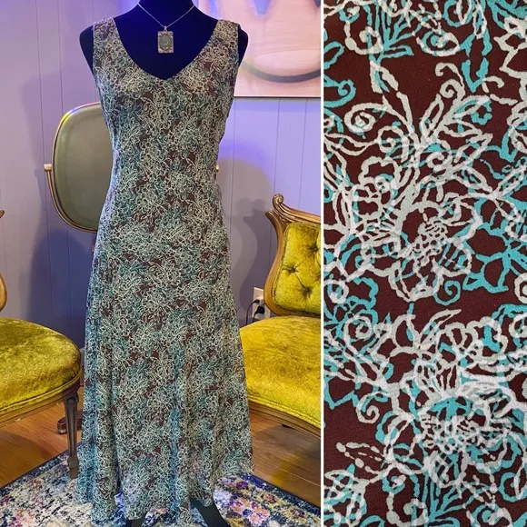 Vintage 90s/Y2K R&M Richards Swirling Floral Fairycore Maxi Dress Size 12P Brown - Image 2