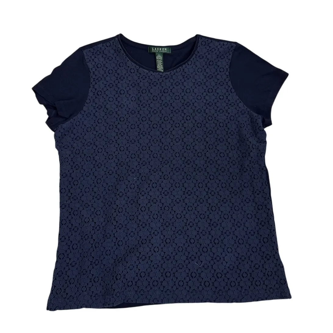 Lauren Ralph Lauren Navy Blue Lacey Eyelet Short Sleeve Shirt Size Women's Large - Image 2