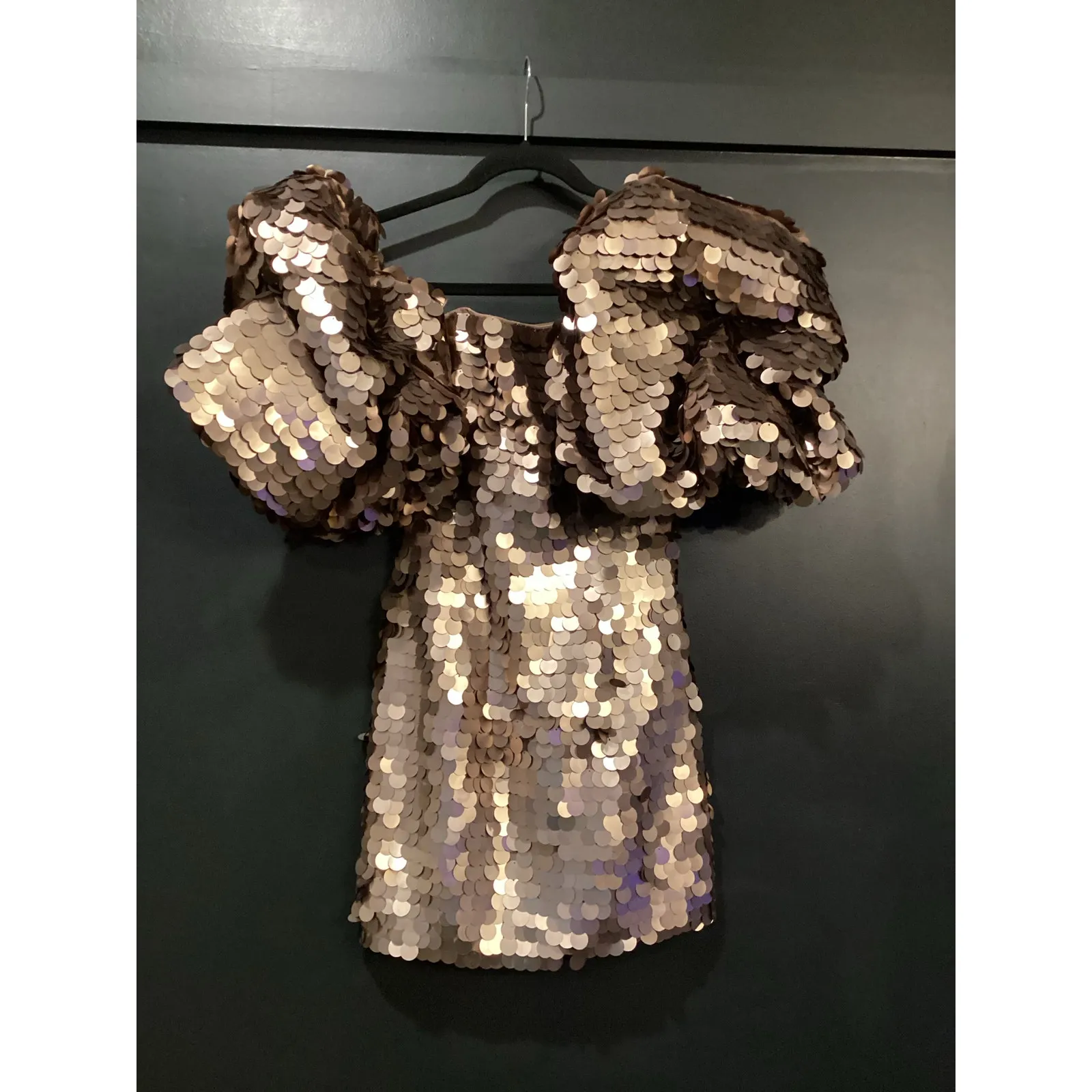LEO LIN Brenda Gold Brown Sequin Puff Sleeve Statement Piece Mini Dress US 2 NWT - Image 2