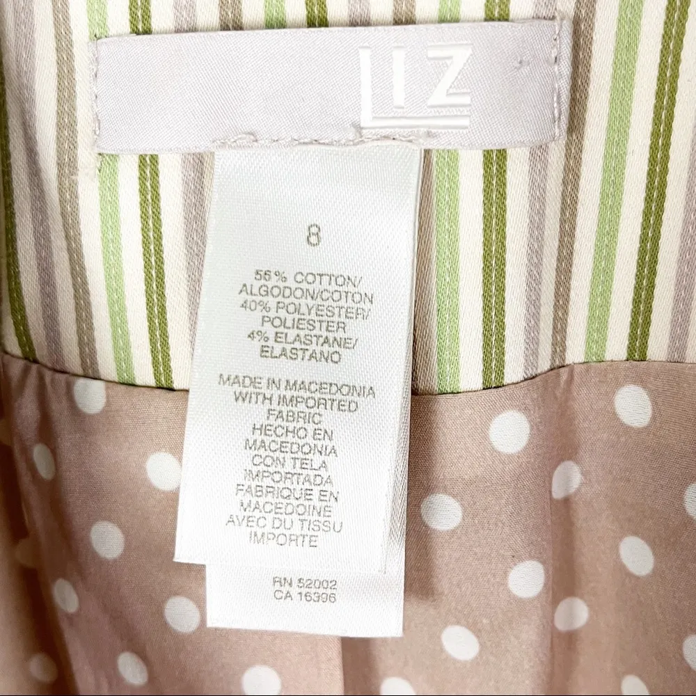 LIZ CLAIBORNE Khaki Striped Belted Waist Tie Polka Dot Lining Blazer, Size 8 - Image 3