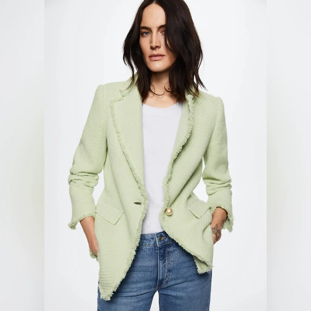 MANGO Tweed Blazer XL Mint Green Fringe Pearl Button - Image 3