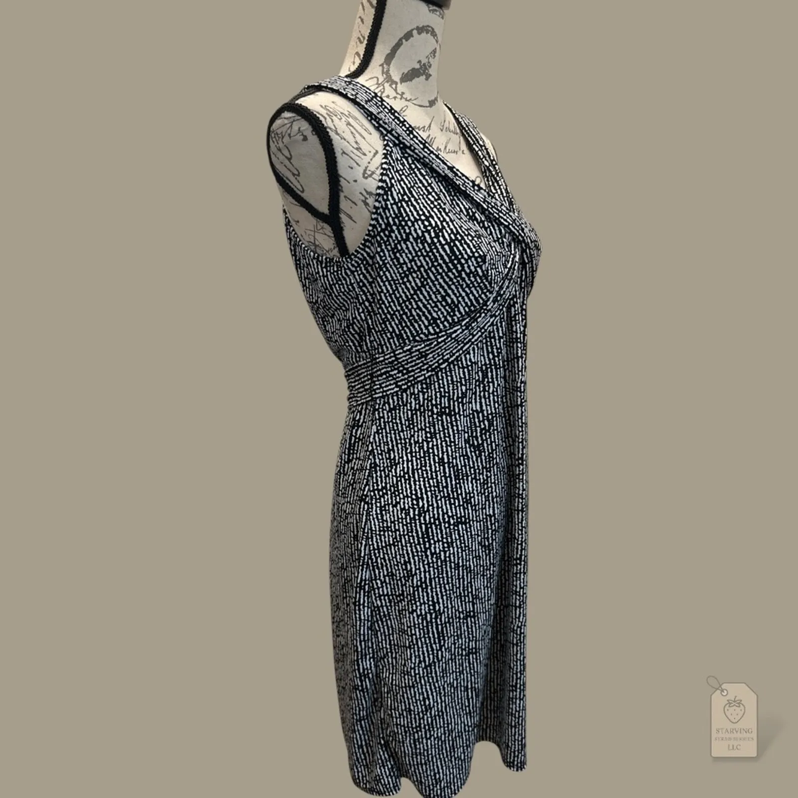 Ann Taylor LOFT Petite 10P Sleeveless Dress Black White V-Neck Tie Back Midi - Image 2