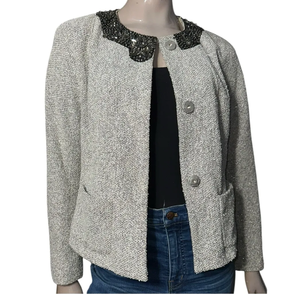 Lafayette 148 New York Size 8 Black White Tweed Boucle Embellished Neck Jacket - Image 3