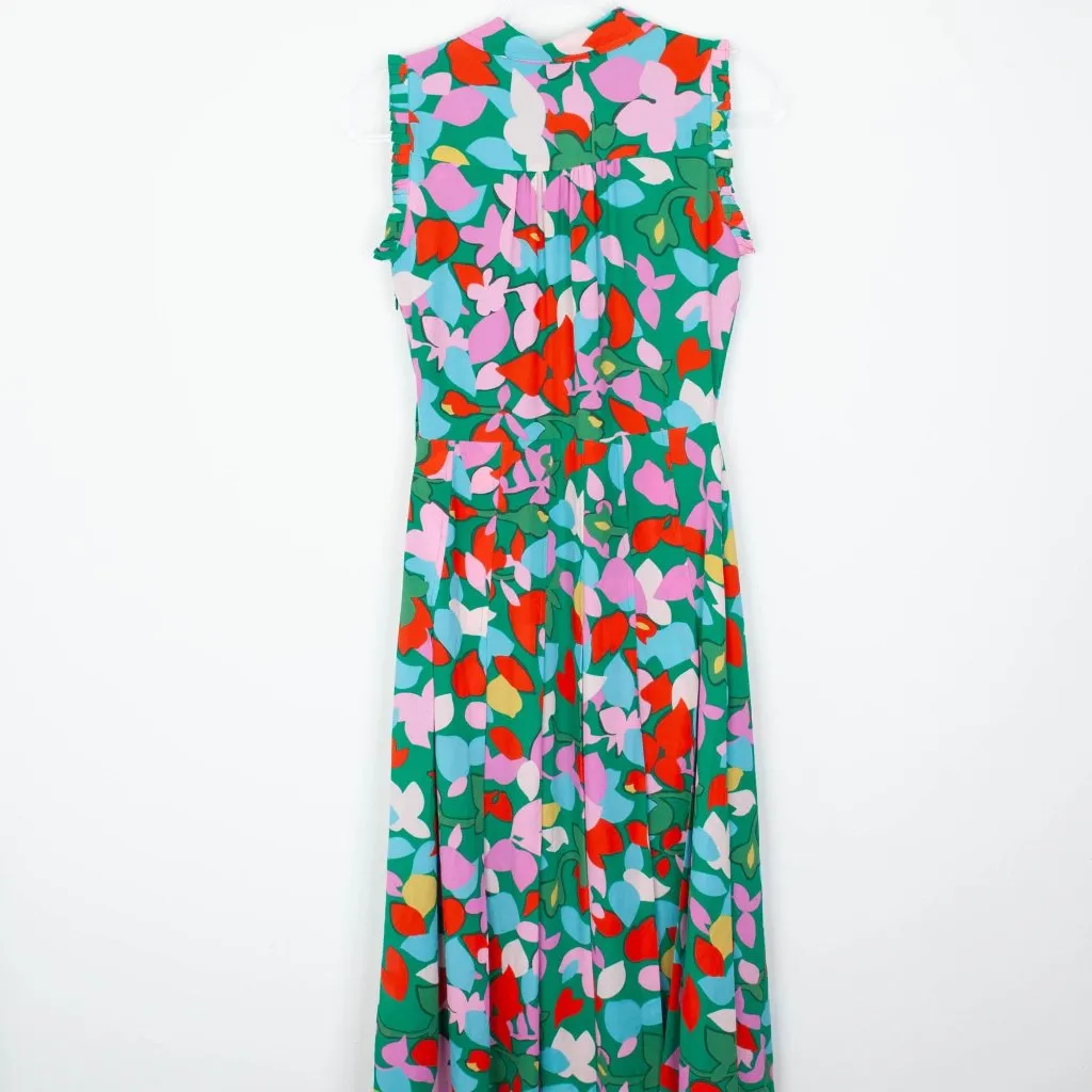J. Crew‎ Womens Pleated Midi Shirt Dress Confetti Floral Size 0 Ruffle Pockets Green - Image 9