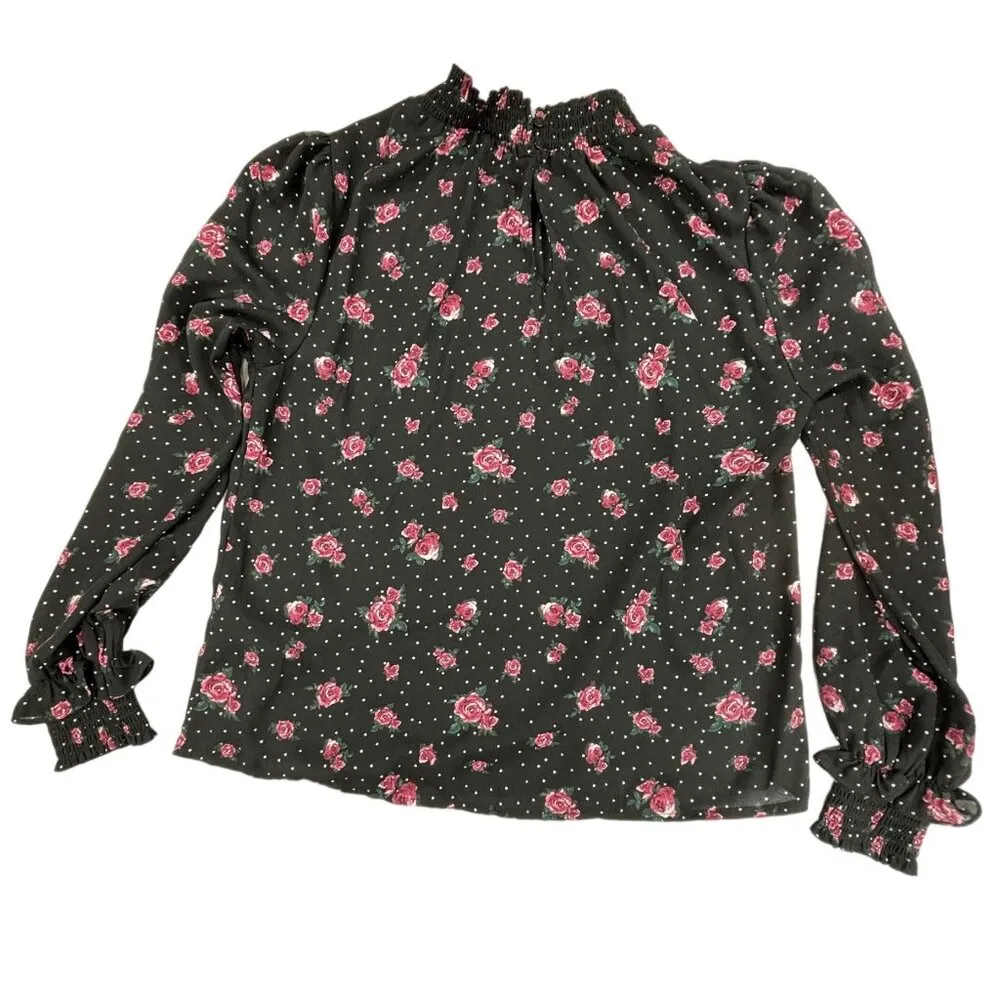 Smocked Floral Polka Dot Top Blouse Womens 6 WhimsiGoth Ruffle detail Sheer - Image 4