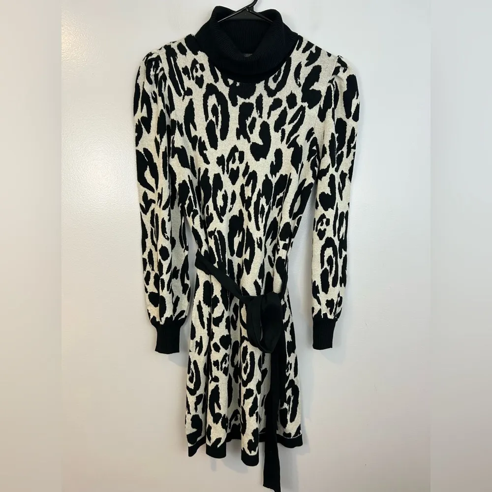 NWT Who What Wear Black/White Leopard/Animal Print Sweater Mini Dress Medium - Image 3