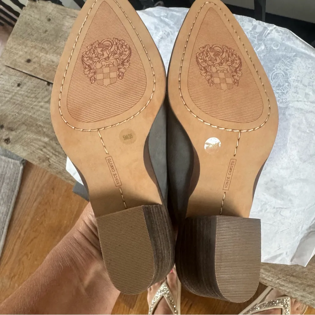 Vince Camuto Karcha Gray Suede Mules heels slip-on silver detail - Image 5