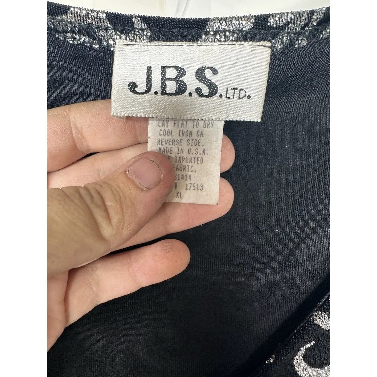 J.B.S. LTD Women’s Black Silver Glitter Velvet Swirl Top Long Sleeve XL - Image 4